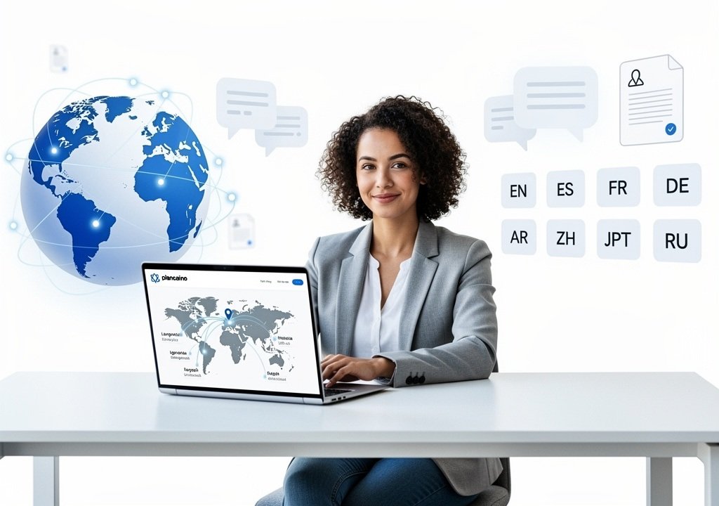 Profissional da TraduBrasil trabalhando com mapa-múndi e multilinguismo